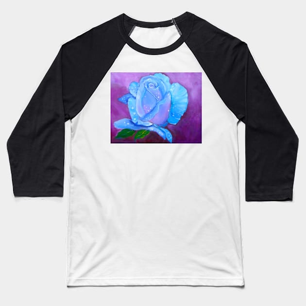 Blue Rose with Dew Drops Baseball T-Shirt by jennyleeandjim